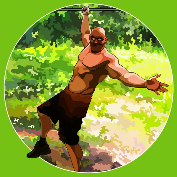 Hombre musculoso divertido de dibujos animados colgando de una mano mientras está al aire libre — Vector de stock