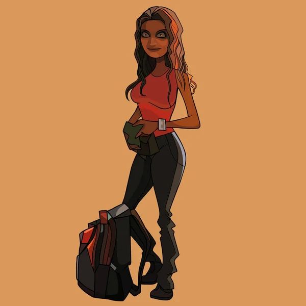 Mujer divertida de dibujos animados de pie junto a una mochila — Vector de stock