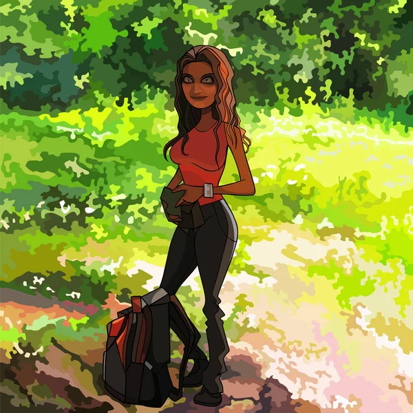 Femme dessin animé debout à côté d'un sac à dos dans la nature — Image vectorielle