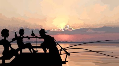 silhouette of a company of fishermen having a rest on a pier in the sea clipart