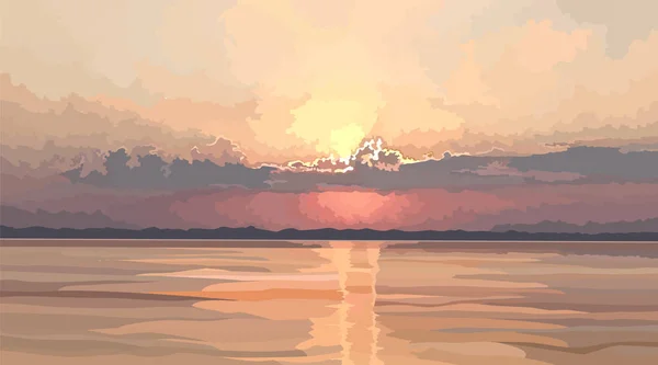 Paisaje de puesta de sol sobre el río en colores pastel suaves — Vector de stock