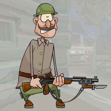 bir kask karikatür komik asker ve elinde bir silah ile