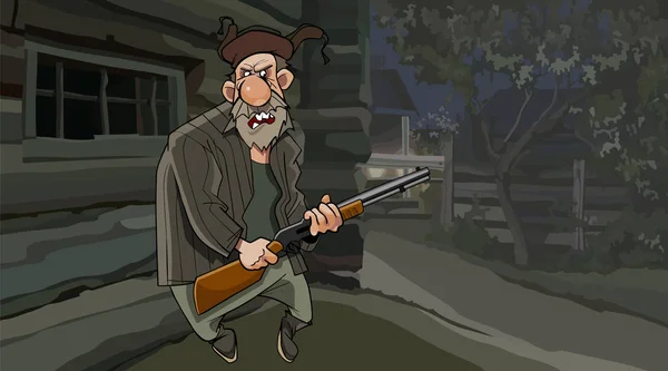 卡通邪恶的祖父与枪在晚上在村里 — 图库矢量图片