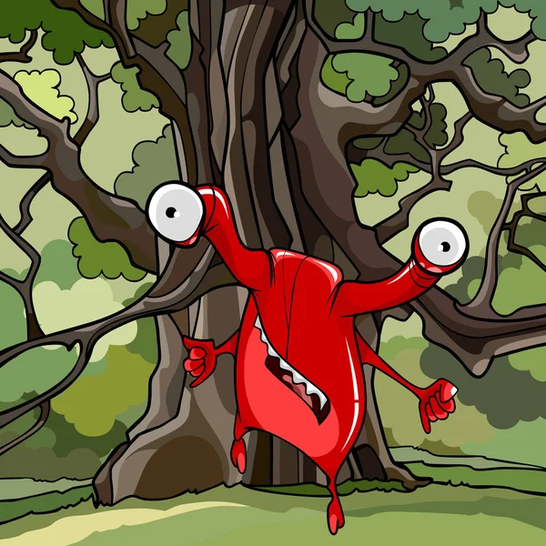 赤い漫画のようなファンタジーの生き物は、大きな木の隣に立って怖がって見えます — ストックベクタ