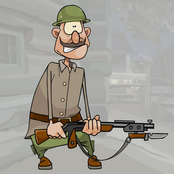 Desenho animado soldado engraçado em um capacete e com uma arma em suas mãos —  Vetores de Stock