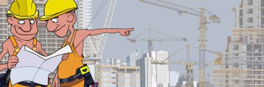 komik karikatür üreticileri bir inşaat sitesinde iken bir planları arıyoruz