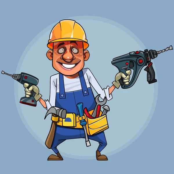 Caricatura divertido constructor con herramientas en el círculo de fondo — Vector de stock