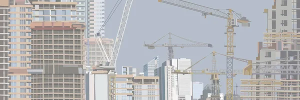 Panorama de uma cidade em construção com edifícios altos e guindastes de construção — Vetor de Stock