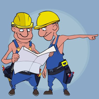 karikatür erkek inşaatçılar tartışmak ve mavi bir arka plan üzerinde bir planları görüntülemek