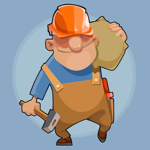 Cartoon male builder walks with a bag on his shoulder and a hammer in his hand — Stock Vector