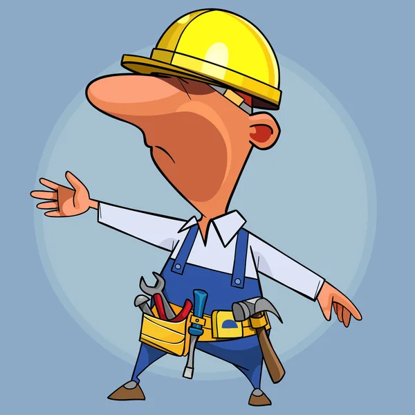 Caricatura constructor masculino en un casco y un cinturón con herramientas señala su mano a un lado — Archivo Imágenes Vectoriales