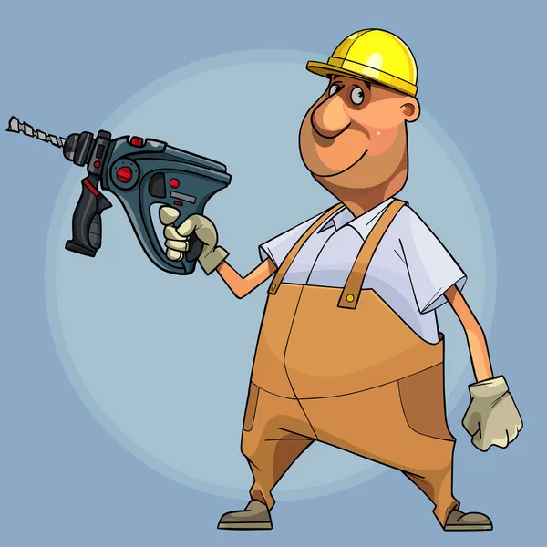 Caricatura sonriente constructor masculino en un casco sostiene un taladro en su mano — Vector de stock