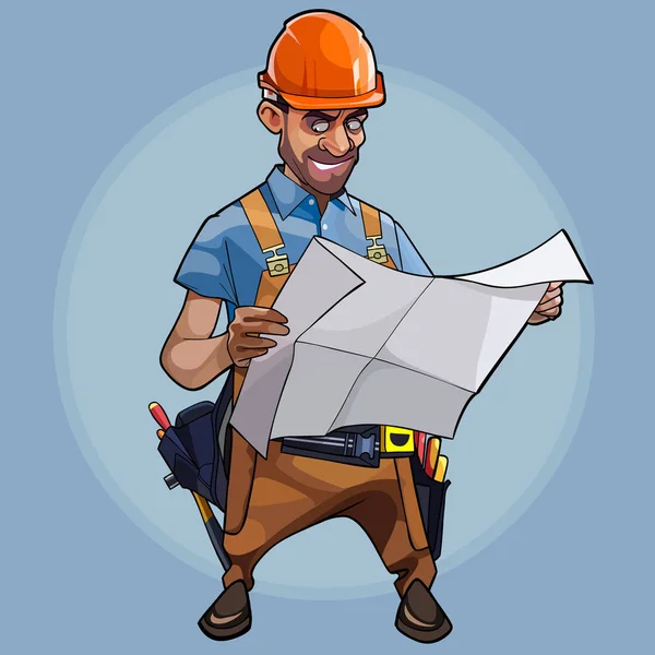 Cartoon male construction engineer examines blueprints on blue background — Stock Vector