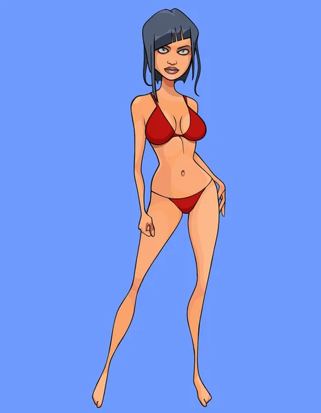 Dessin animé belle femme mince dans un maillot de bain rouge — Image vectorielle