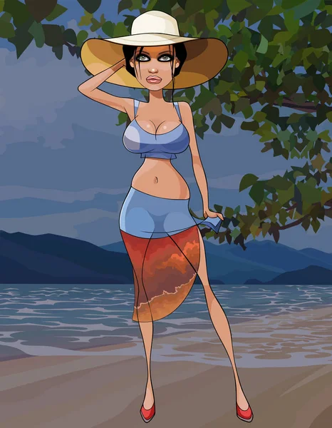 Dibujos animados hermosa mujer en un sombrero posando en la playa — Vector de stock