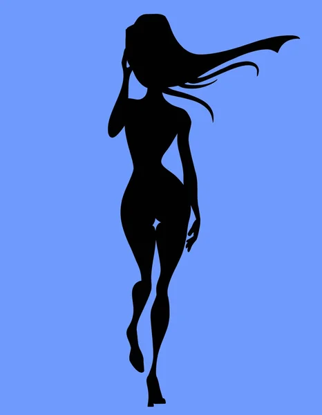 Силуэт ходячей сексуальной худенькой женщины с распускающимися волосами — стоковый вектор