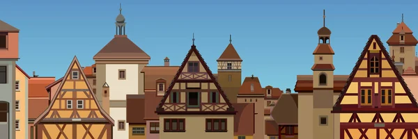 Bakgrund av en dragen europeisk stad med halva timrade hus — Stock vektor