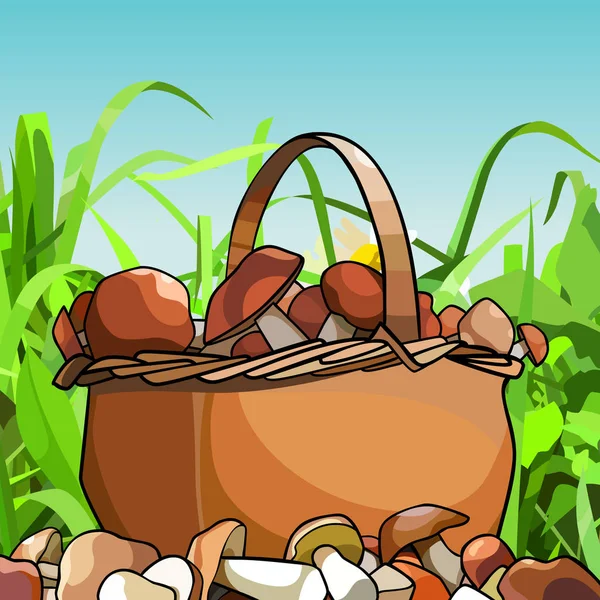 Panier de dessin animé avec des champignons se tient dans l'herbe — Image vectorielle