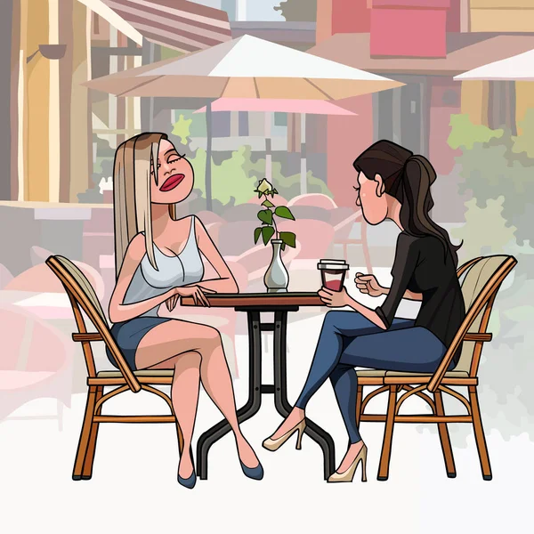 Dos mujeres de dibujos animados sentadas en una mesa en un café — Vector de stock