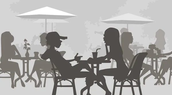 Cartoon-Silhouetten von Menschen, die in einem Café an den Tischen sitzen — Stockvektor