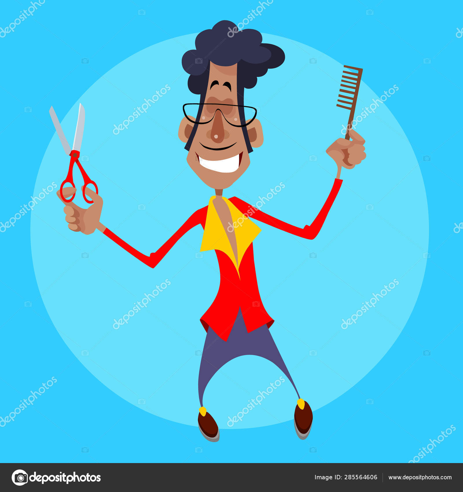 Cartoon Male Hairdresser With Scissors And Comb In Hands Stock