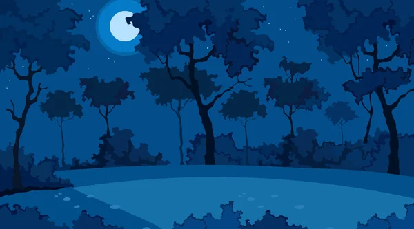 Fondo azul del bosque de verano de dibujos animados en una noche iluminada por la luna — Vector de stock