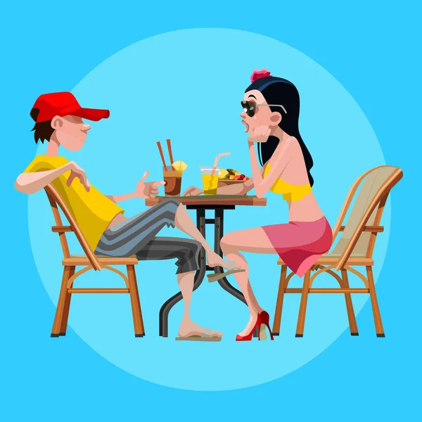 Homem dos desenhos animados e mulher conversa sentado em uma mesa com uma refeição —  Vetores de Stock