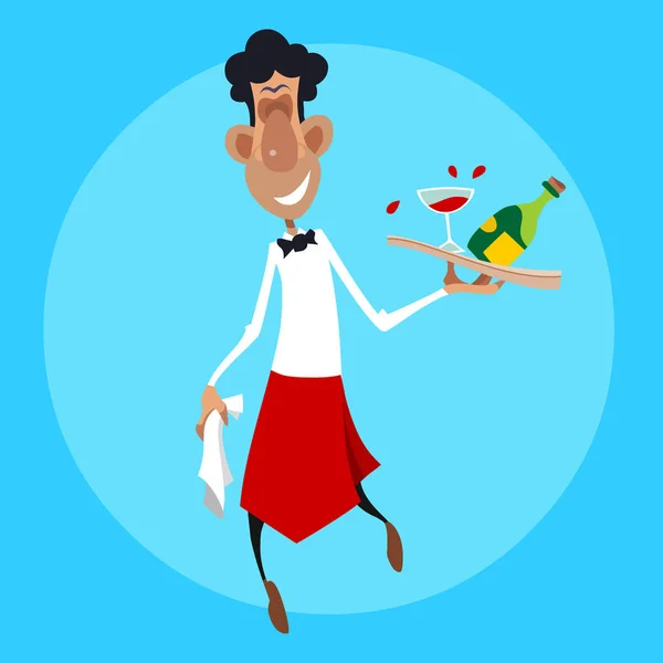 Cartone animato cameriere sorridente cammina con un vassoio in mano — Vettoriale Stock