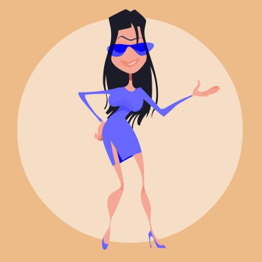 mavi elbise ve mavi gözlük karikatür moda kadın