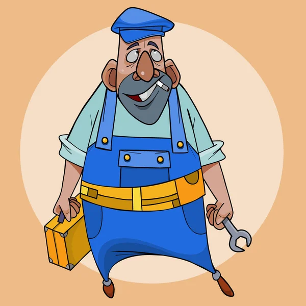 Kartun laki-laki tukang ledeng dengan alat-alat di tangan dan rokok di mulutnya - Stok Vektor