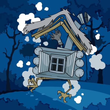 gece ormanda tavuk bacakları üzerinde karikatür masal evi