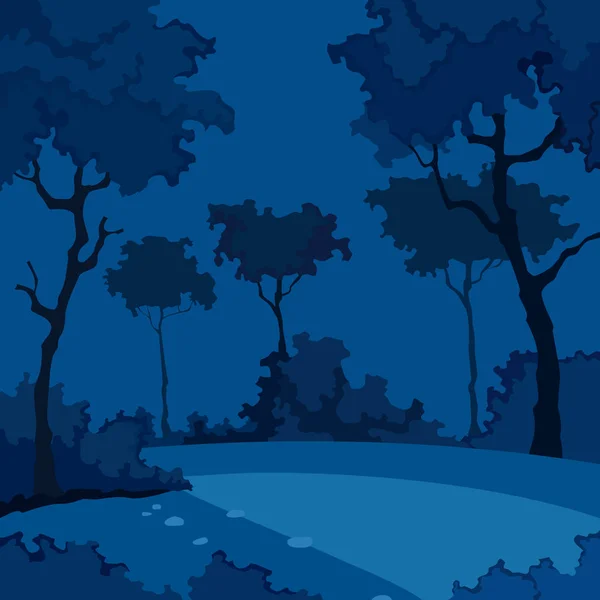 Fondo noche de dibujos animados de bosque con árboles de hoja caduca — Vector de stock