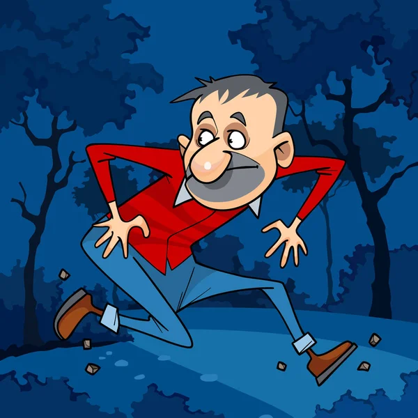 Cartoon man runs away in the night forest — Stock Vector