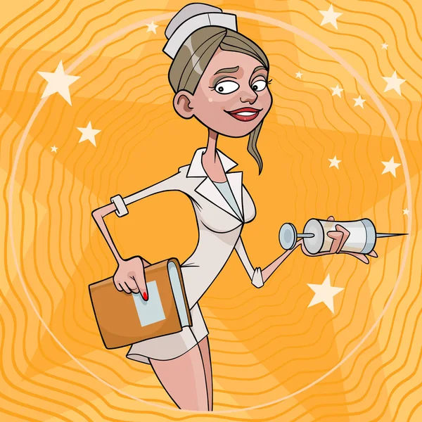 Mujer de dibujos animados en traje de enfermera con un libro y una jeringa en las manos — Archivo Imágenes Vectoriales
