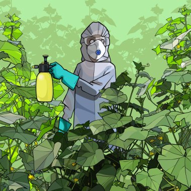 bir maske spreyler bitkiler ile koruyucu bir takım karikatür bahçıvan