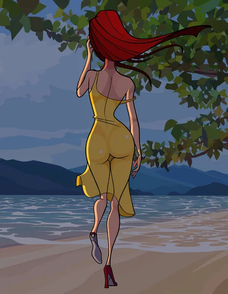 Kreskówka piękna kobieta w sukni kroczy wzdłuż morza — Wektor stockowy