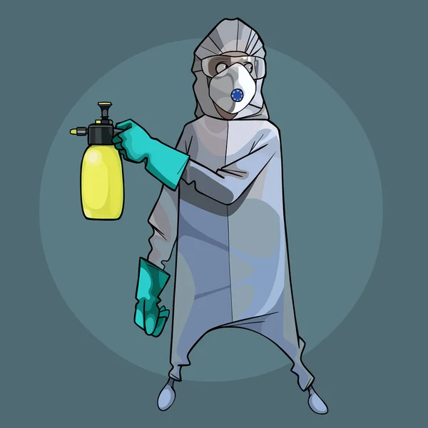 Dessin animé homme en costume de protection avec un masque et un atomiseur à la main — Image vectorielle