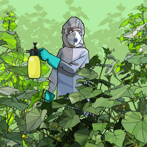 Tecknad trädgårdsmästare i en skyddande dräkt med en mask sprayer växter — Stock vektor