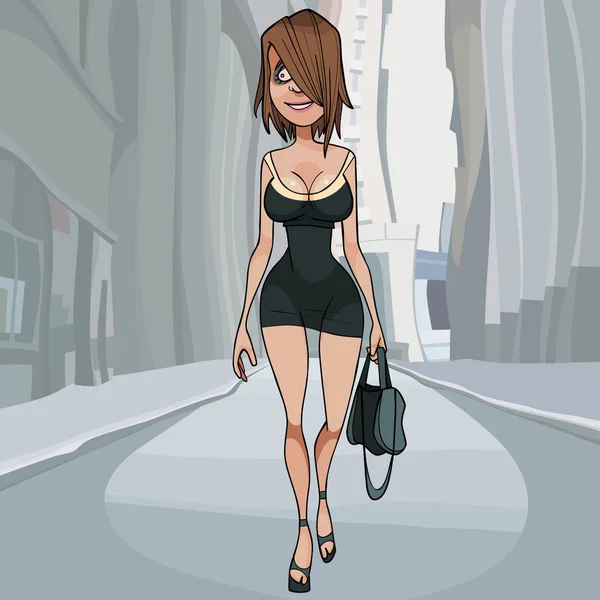 Dibujos animados divertida mujer figurada camina en una calle de la ciudad — Vector de stock
