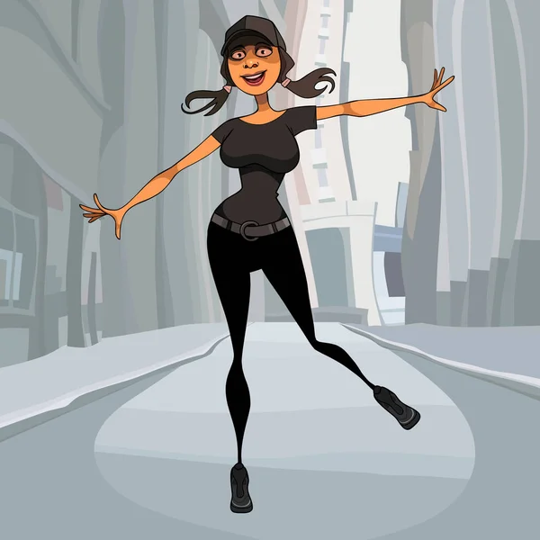 Desenho animado alegre mulher de esportes se divertindo em uma rua da cidade — Vetor de Stock