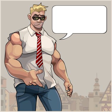 bir kravat ve boş bir konuşma balonu ile bir gömlek karikatür kaslı adam