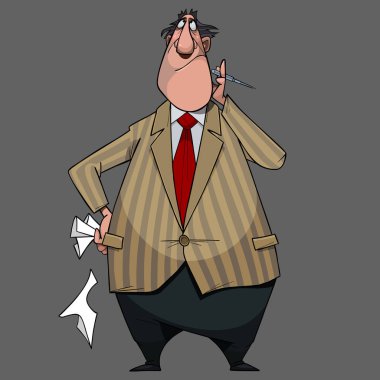elinde kalem ve kağıt yaprak ile karikatür pensive adam