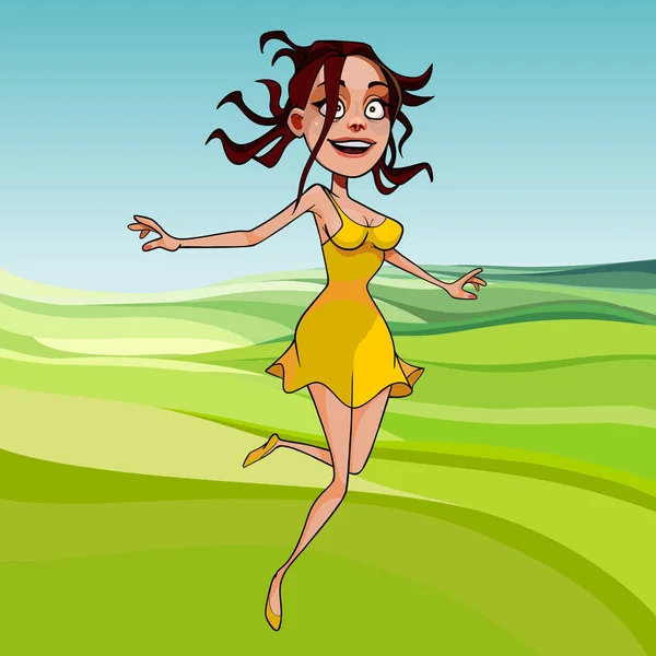 Dibujos animados alegre chica divertido saltar en un campo verde — Vector de stock