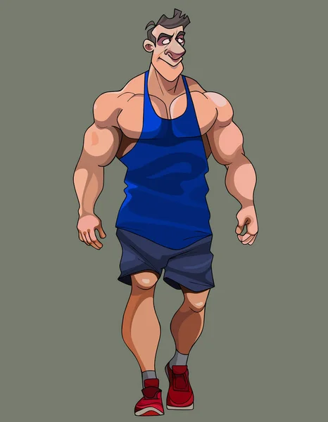 Cartone animato muscoloso maschile bodybuilder passi in abbigliamento sportivo — Vettoriale Stock