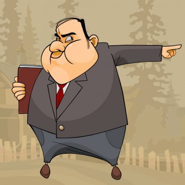 bir takım elbise ve bir kitap karikatür şişman adam öfkeyle elini işaret