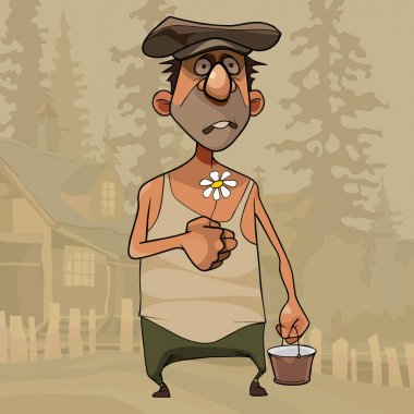elinde bir çiçek ile karikatür komik köy adam
