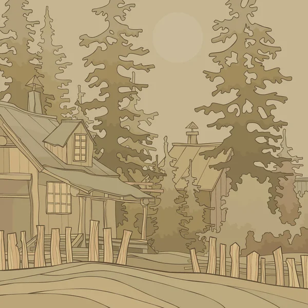 家とフェンスを持つ村の通りの漫画の風景 — ストックベクタ
