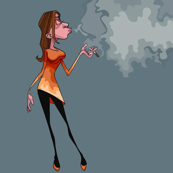 Cartoon smoking woman with pleasure exhales a lot of smoke — Stock Vector