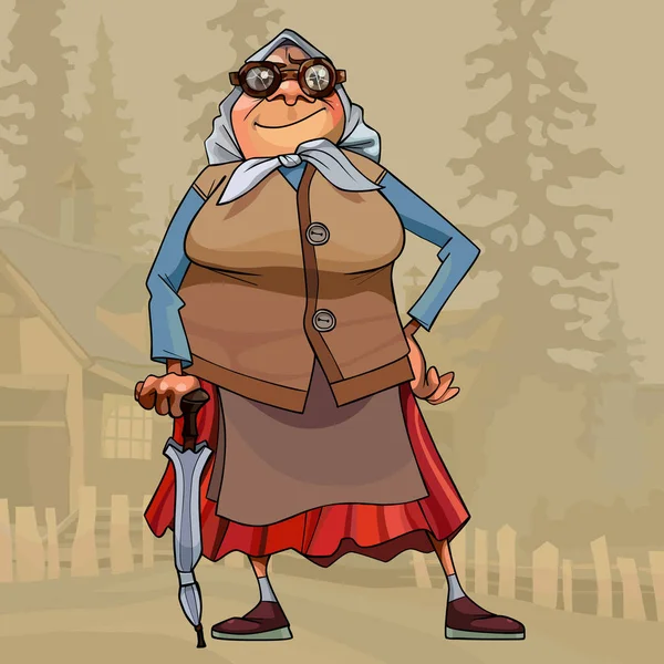 漫画の過酷な村の祖母は手にサトウマの傘を持って立っています — ストックベクタ