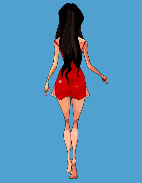 빨간 드레스와 맨발로 만화 같은 매력적인 여자를 멀리 산책 — 스톡 벡터